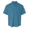 thumbnail image 4 of Huresd Men's Wrinkle Free Untucked Cuban Shirt Business Casual Button Down Tops Short Sleeve Solid Color Shirt Blue 3XL, 4 of 5