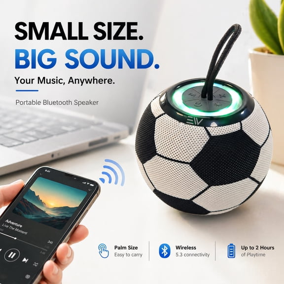 Soccer Ball Bluetooth Speaker, Portable Wireless Football Speaker with RGB LED Lights, Stereo Sound, Rechargeable Bluetooth Speaker for Outdoor Travel Party