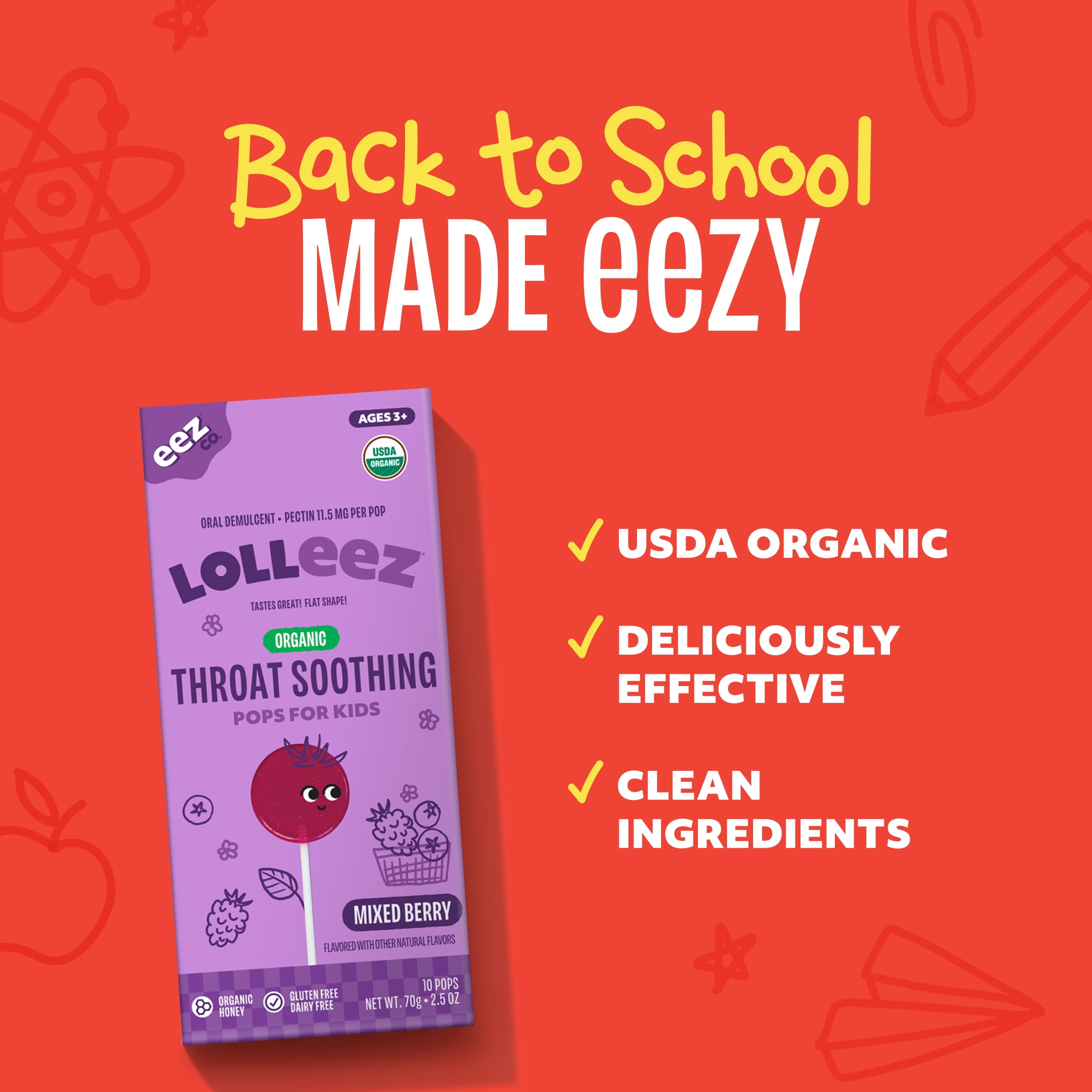 Lolleez by EEZ Co. Organic Throat Soothing Lollipops for Kids, Mixed Berry  - 10 Count