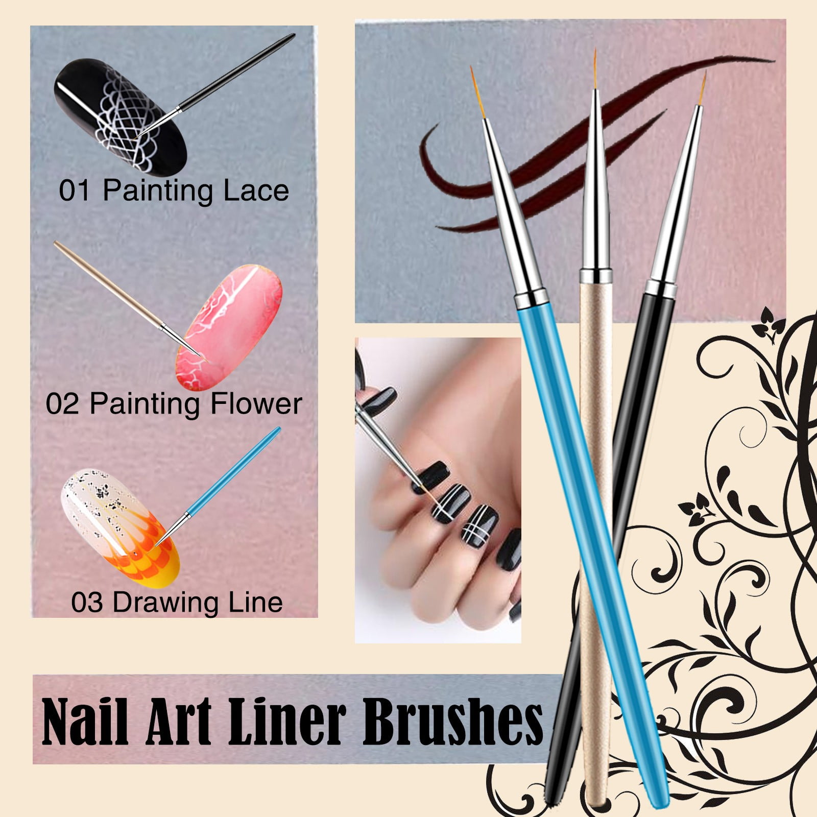 ertutuyi painting liner nail brush gel nail 3pcs design nylon acrylic  brushes art 