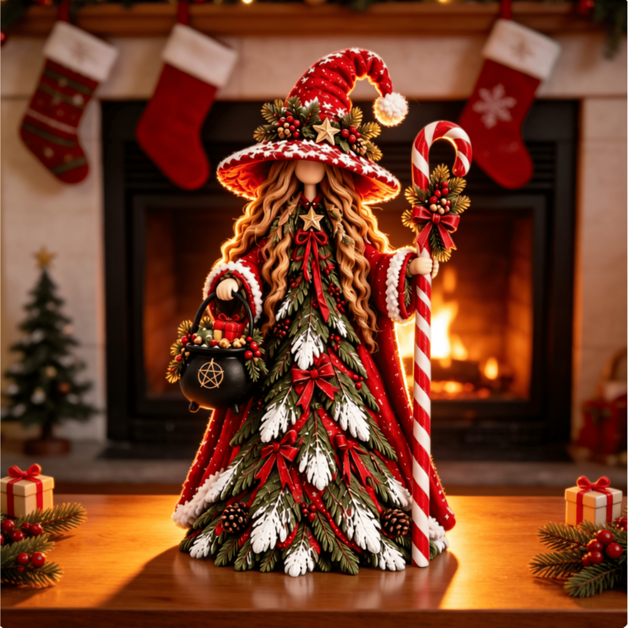 Whimsical Christmas Witch Resin Figurine Collection Christmas Tabletop Figurine Winter Festive Statue Detailed Holiday Accent for Fireplace Mantel and Christmas Table Center Decor