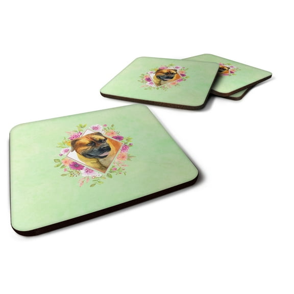 Carolines Treasures CK4281FC Borboel Mastiff Green Flowers Foam Coaster Set of 4 3 1/2 x 3 1/2 multicolor