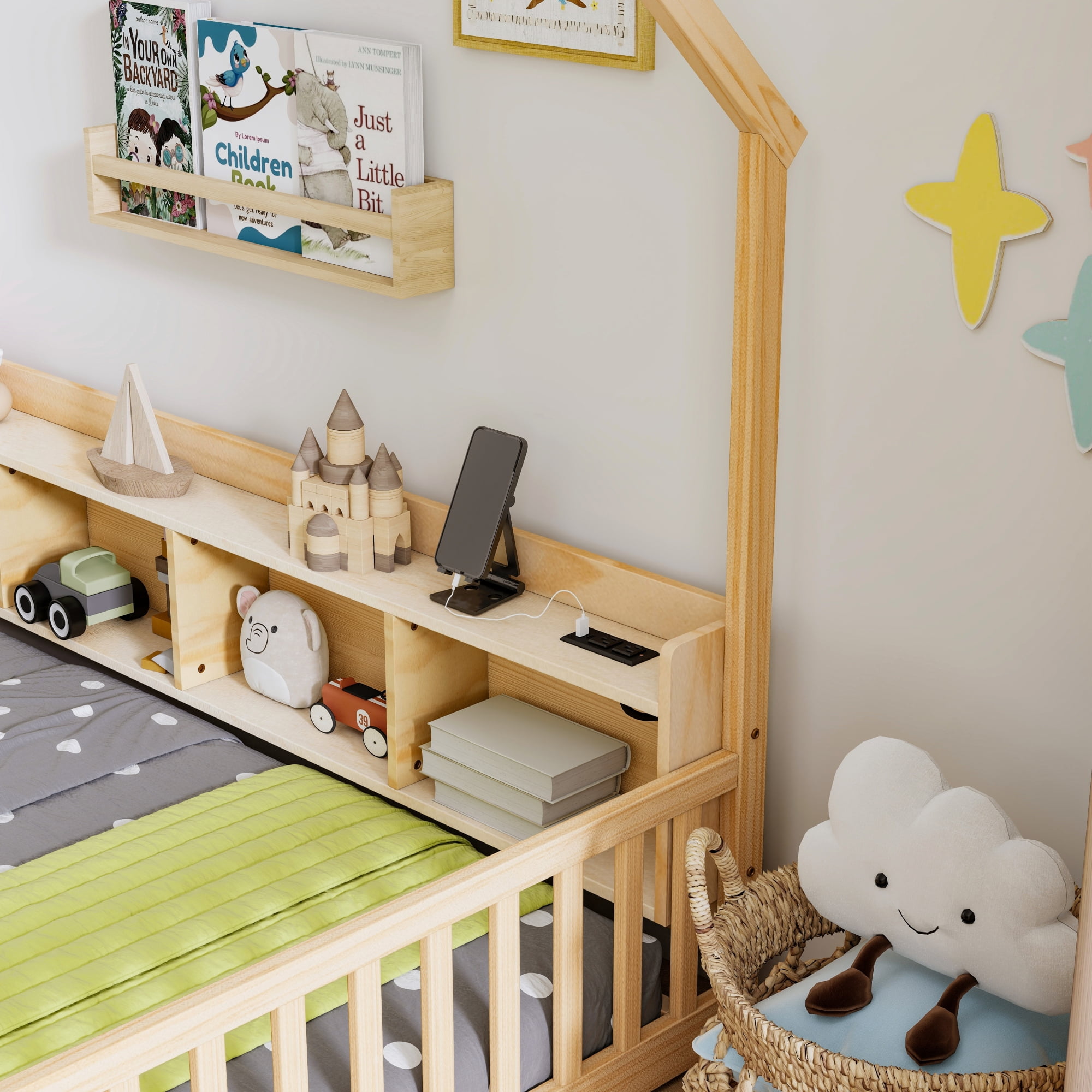 Leumius Twin Size House Floor Bed with Storage Shelves,Built-in LED Lights & Charging Station,Pine Wood Floor Bed Frame with Safety Guardrails for Kids Bedroom Natural