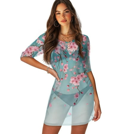FKELYI Cherry Flower Print Women s Swimwear Cover Ups Breathable Bikini Suit Cover-Up with Half Sleeve Sheer Fabric Beachwear Dress for Lady Summer Vacation Outfits  XS