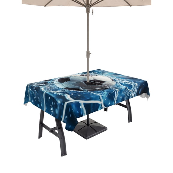 Outdoor Tablecloth with Umbrella Hole for Patio/Picnic/Party/Camping, Blue Football Waterproof Table Cloth Rectangle Table Cover Washable, Soccer Ball Water Splash (60"x 84")
