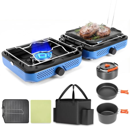 2 Burner Propane Camping Stove 30000 Btu Foldable Portable Gas With Cookware Set & Carry Bag Outdoor Cooking For Rv Emergency Use Blue