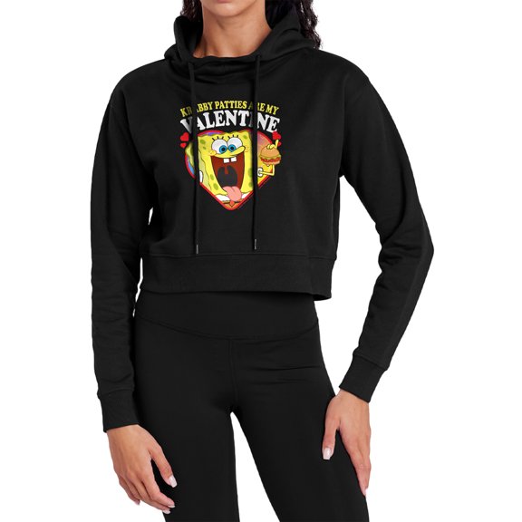 Spongebob Krabby Patties are my Valentine Women's Cropped Hoodie Pullover Sweatshirt, Black, Medium