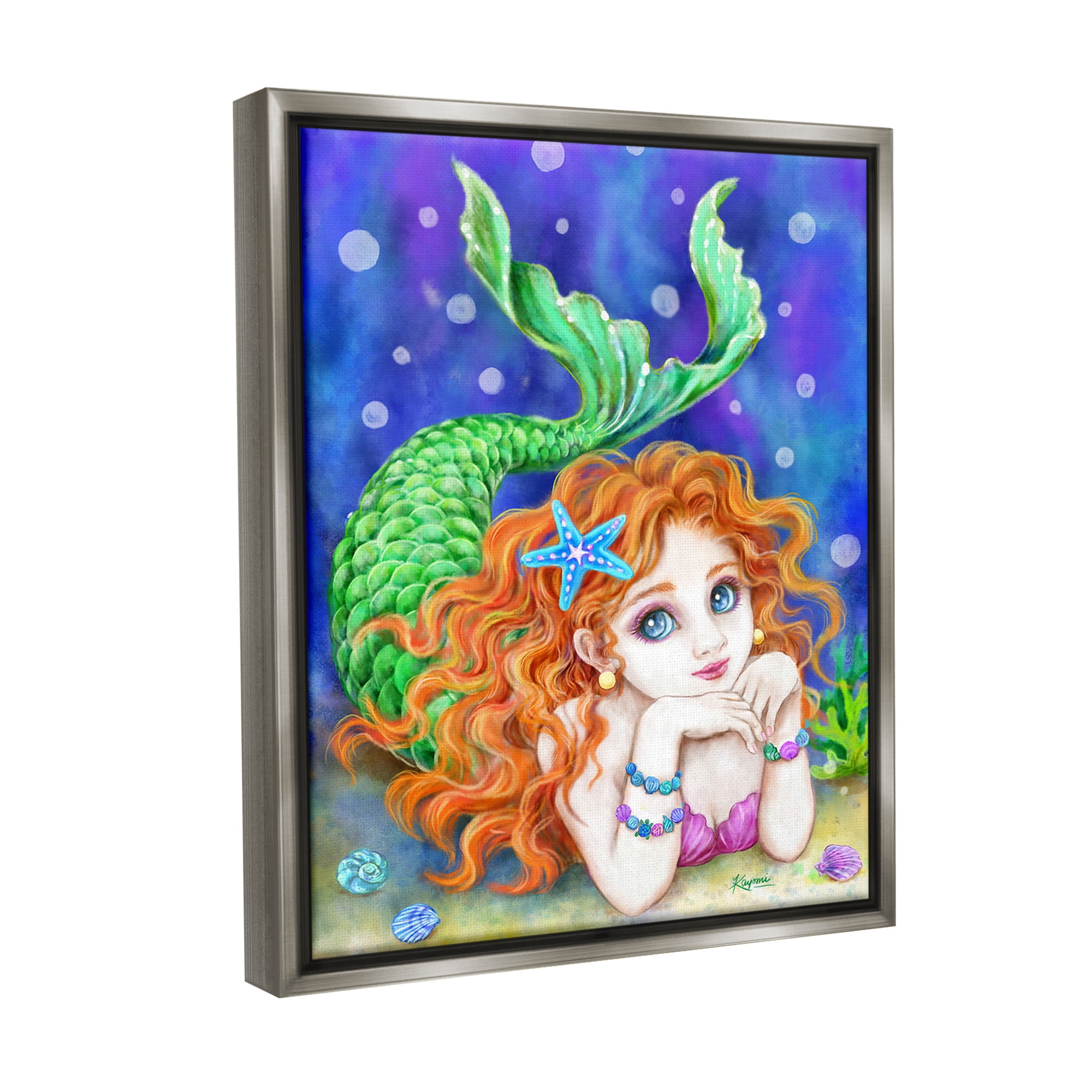 Stupell Industries Relaxing Mermaid Underwater Fairy Tales & Fantasy Painting Gray Floater Framed Canvas Art Print Wall Art, 25 x 31