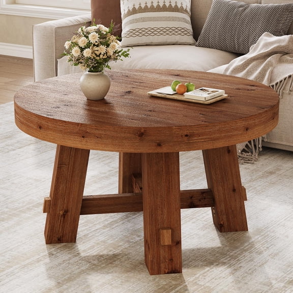 Light Brown 31.5-inch Round Solid Wood Coffee Table with Thickened Tabletop