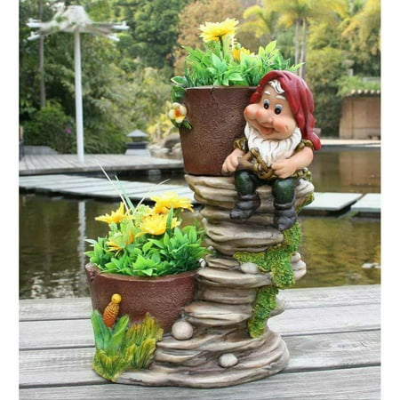 - SINTECHNO Cute Gnome on Rock Staircase with Two Flower Pots