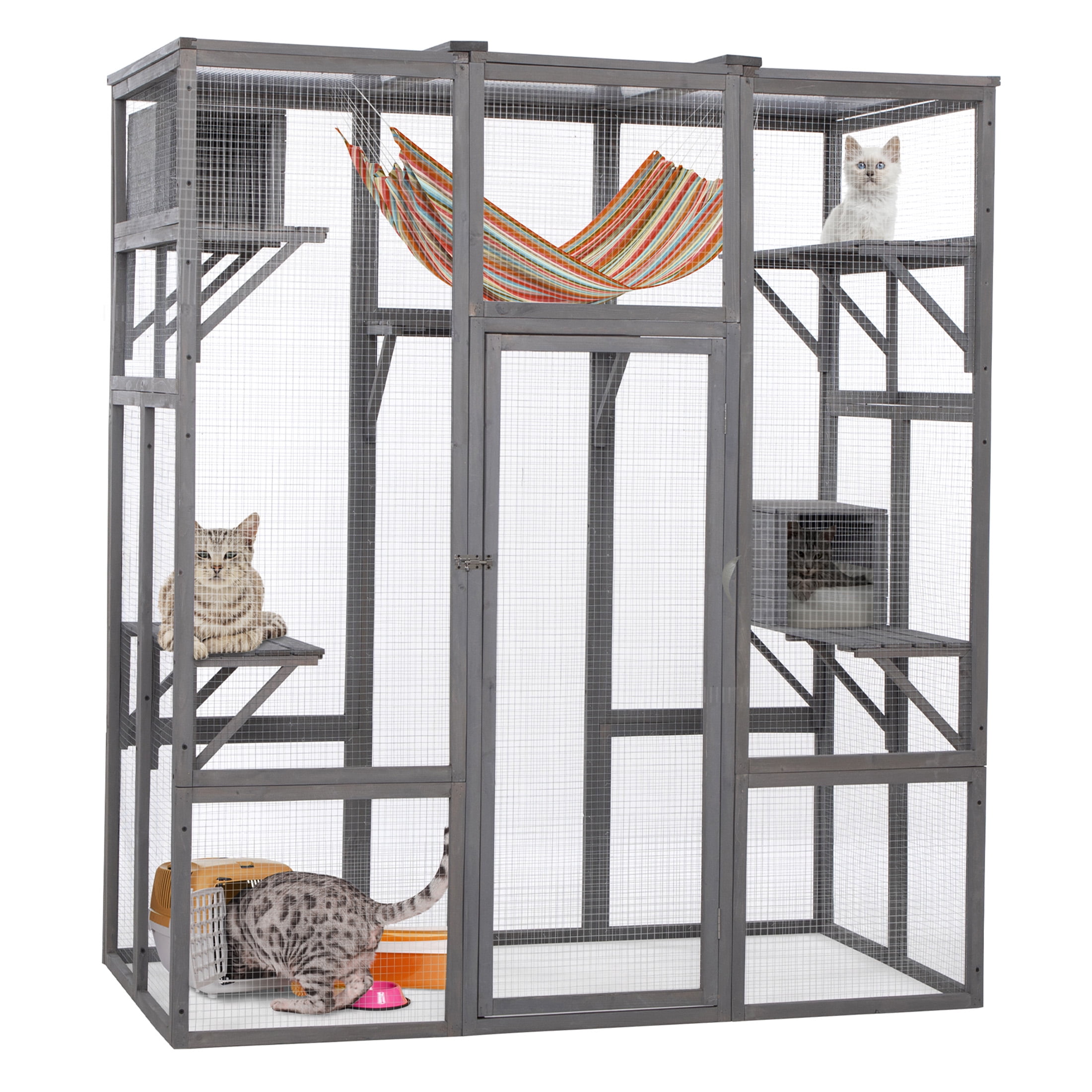 JERFIT Large Outdoor Cat Enclosure with Roof, Multi-Level Indoor/Outdoor Cat Cage Playpen with Lockable Door, Wooden Catio for Multiple Cats, Gray