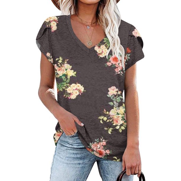 ICHUANYI Clearance Fashion Women's Summer V-Neck Short Sleeve Print Casual T-shirt Blouse(Brown, XL) ICHUANYI WER2023081206516