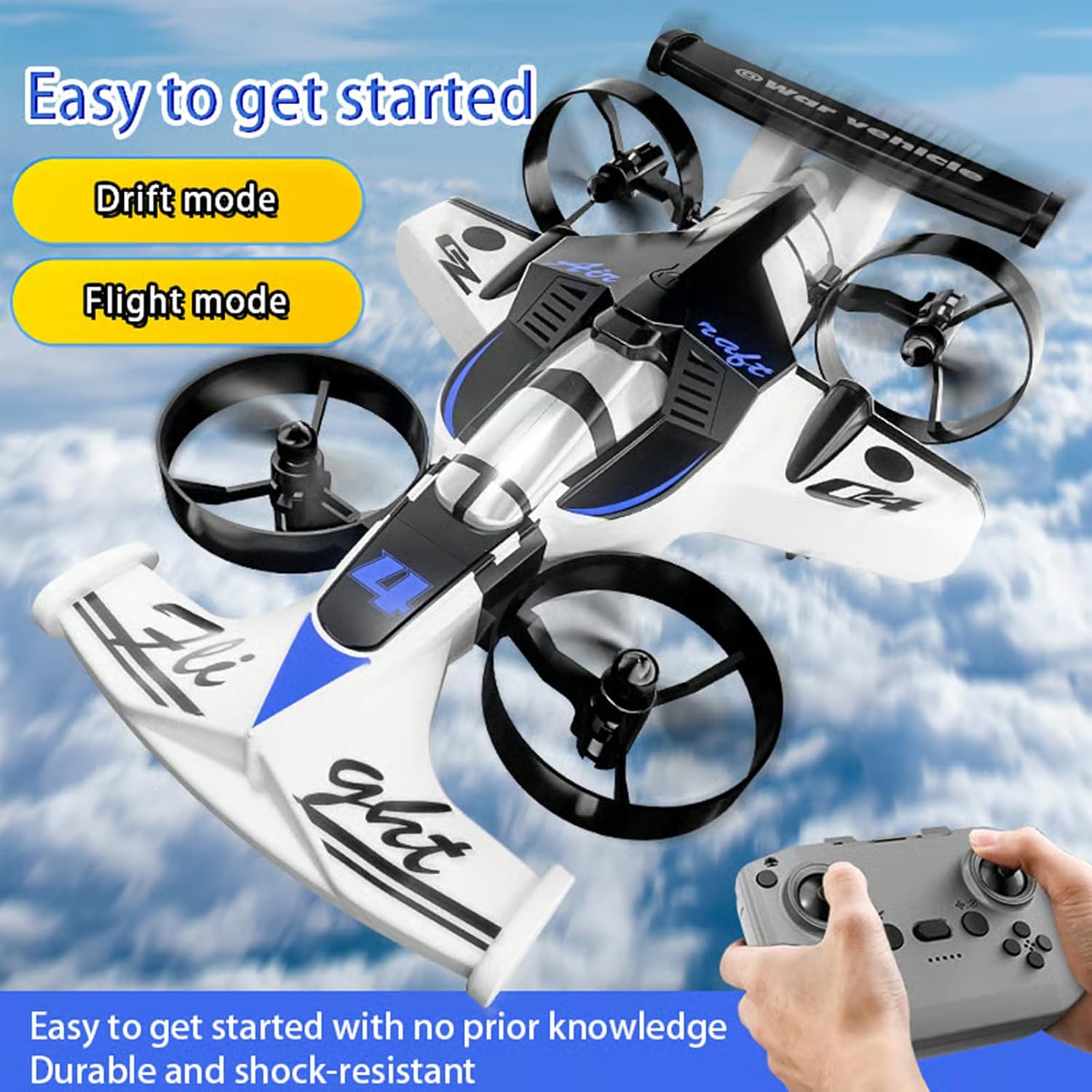 Rechargeable Dual-Mode Car Drone, 2-in-1 Flying Remote Control Car, Dual-Mode Rc Vehicle with LED Lights, One-Button Takeoff, Stunt Flips, USB Rechargeable Ground & Air Remote Control Toy (White)