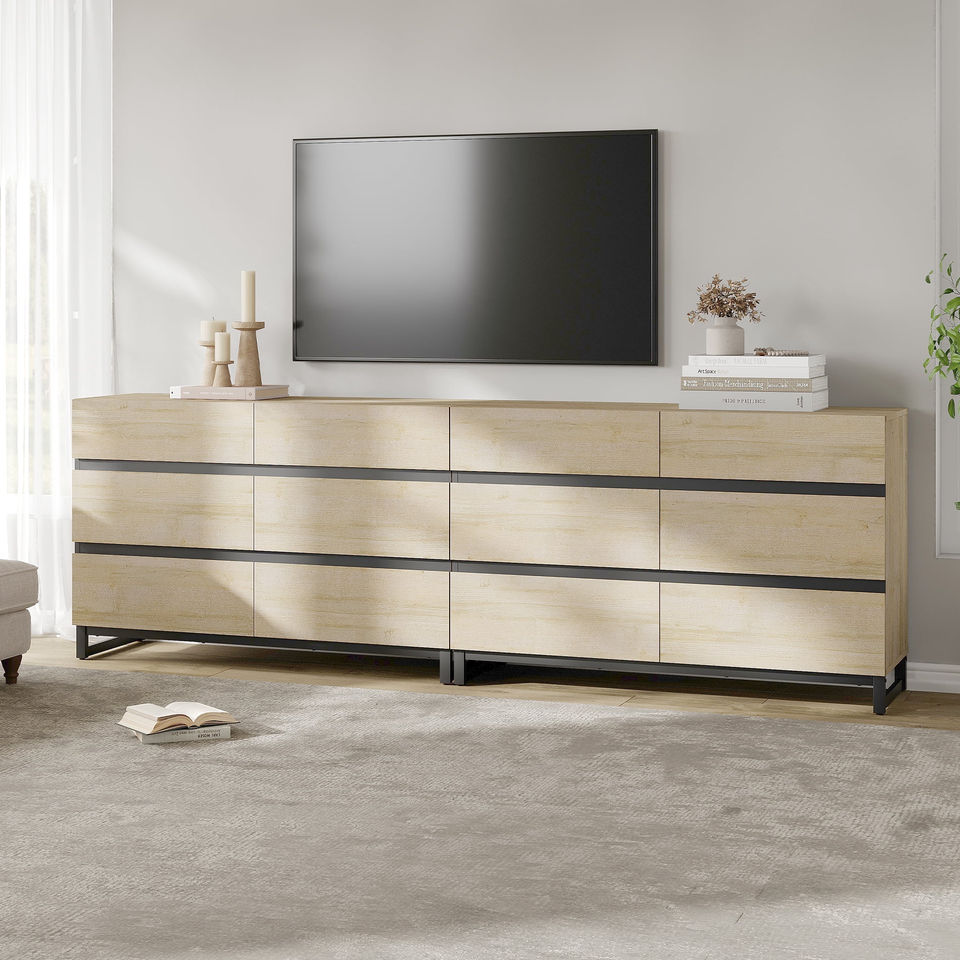 Modern TV Stand with 12 Drawers and Sturdy Metal Base, Entertainment Center Media Console for Living Room and Bedroom, Fits TVs up to 100 Inch, Beige