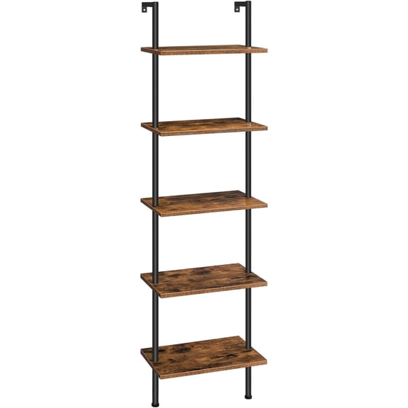 DIY Ladder Shelf, 5-Tier Wooden Wall Mounted Bookshelf, Narrow Bookcase, Display Shelf, Storage Rack,  Stand, for  Room, , Study, Balcony, Rustic Brown and Black BF531CJ01