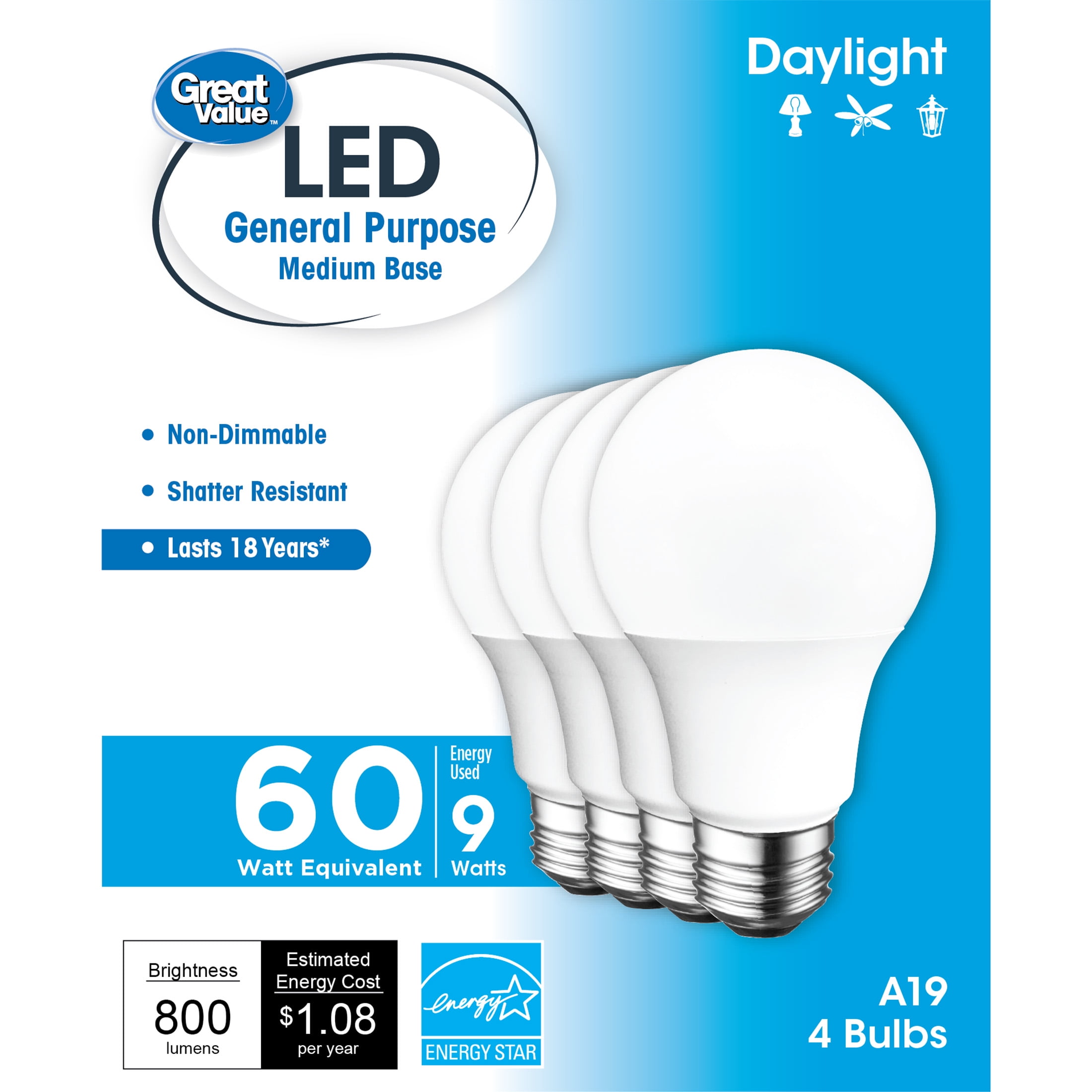 Great Value LED Light Bulb, 9W (60W Equivalent) A19 General Purpose Lamp E26 Medium Base, Non-dimmable, Daylight, 4-Pack