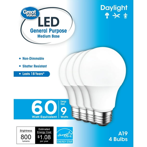 Downtown Tol Edele Great Value LED Light Bulb, 9W (60W Equivalent) A19 General Purpose Lamp  E26 Medium Base, Non-dimmable, Daylight, 4-Pack - Walmart.com