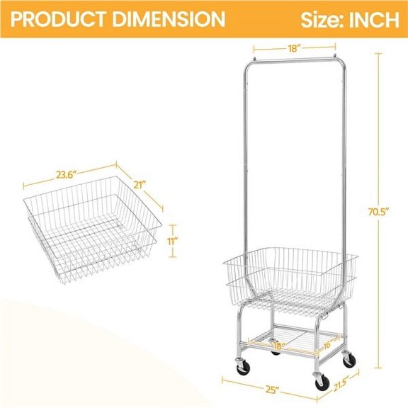 NNYYS Laundry Cart with Hanging Rack for Clothes, Heavy-Duty Metal Rolling Laundry Cart with Smooth-Rolling Wheels and Spacious Storage Basket, Ideal for Bedroom, Bathroom, Laundry Room Organization