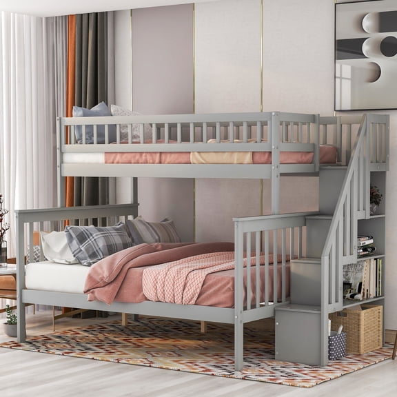 DeepRoar Twin over Full Bunk Bed with Storage, Wood Bunk Bed Frame with Stairway, Ladder and Full-Length Guardrails, Bunk Bed for Teens, Adults, Space Saving Bunk Bed for Bedroom, Easy Assembly, Gray