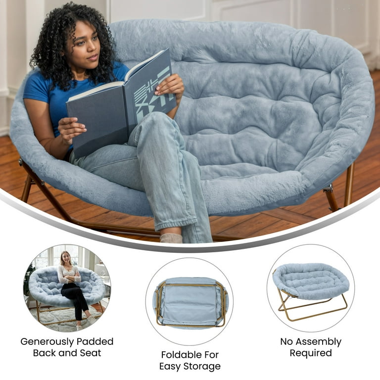 Emma + Oliver Folding Double Saucer Chair in Dusty Aqua Faux Fur