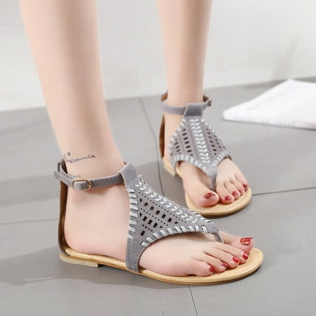 

Sunvit Womens Flat Sandals- Open Toe Casual Hollow Roman Woven Summer Slide Sandals #952 Gray
