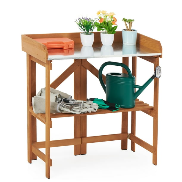 Foldable Potting Bench W/ Matel Top, ToolFree Wood Garden Work Station