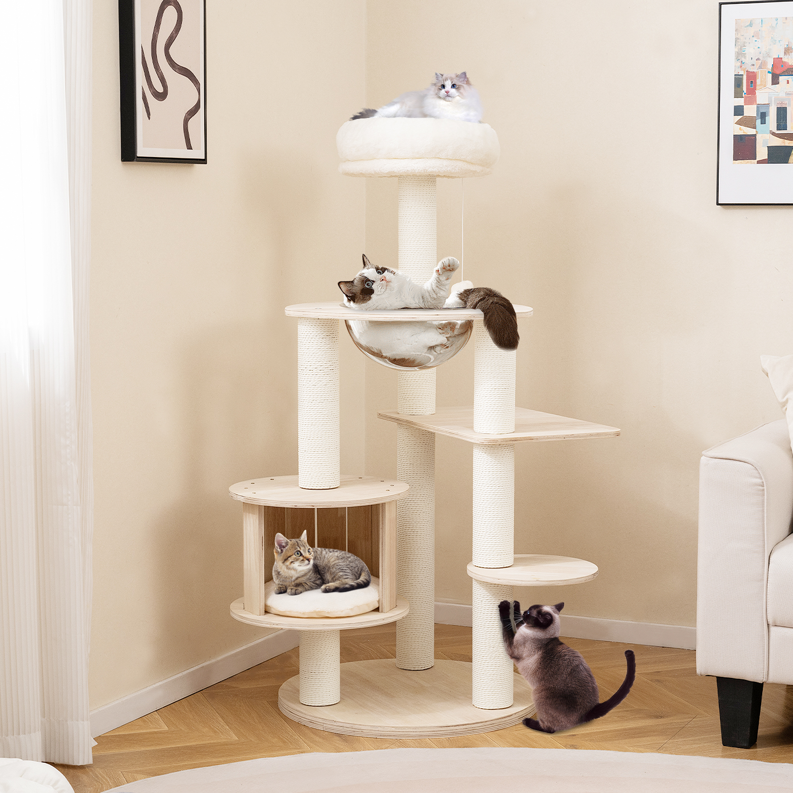 Gymax 52'' Tall Wooden Cat Tree w/Condo Perch Space Capsule Scratching Posts