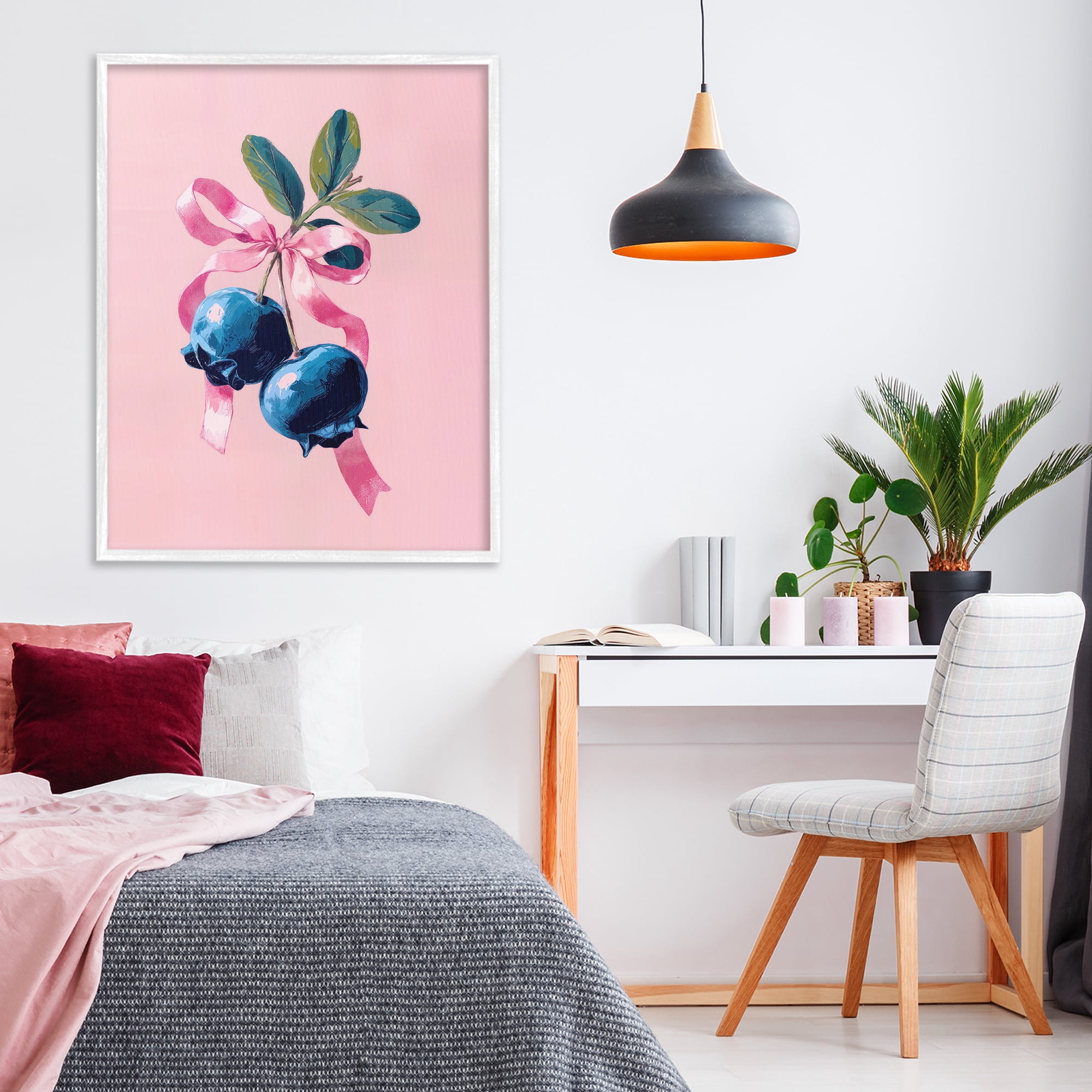 Stupell Industries Blueberry Branch with Pink Bow White Framed Giclee Art, design by Imagine It Images