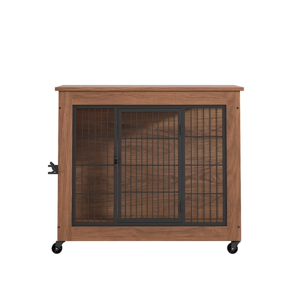 Dog Crate Furniture with Wheels, 32.5 in Wooden Indoor Kennel with Lockable Casters, End Table, for Medium Dogs