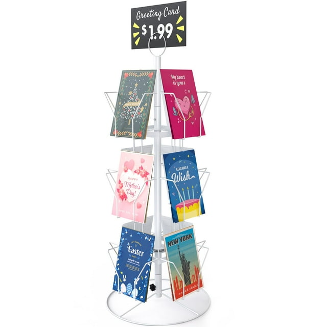 Greeting Card Display Stand Rotating Rack Holder, for Postcard Sticker Retail, Metal White