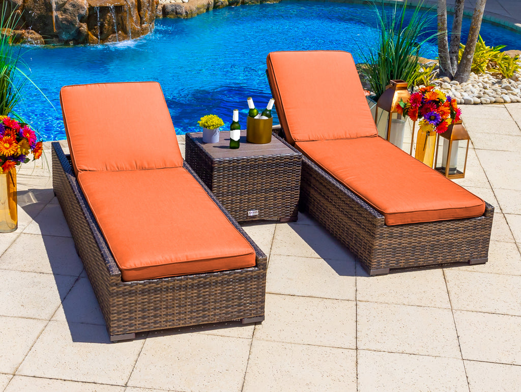 Sorrento 3-Piece Resin Wicker Outdoor Patio Furniture Chaise Lounge Set in Brown w/ Two Chaise Lounge Chairs and Side Table (Flat-Weave Brown Wicker, Sunbrella Canvas Tuscan) - image 1 of 5