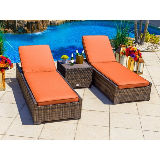 Sorrento 3-Piece Resin Wicker Outdoor Patio Furniture Chaise Lounge Set in Brown w/ Two Chaise Lounge Chairs and Side Table (Flat-Weave Brown Wicker, Sunbrella Canvas Tuscan)