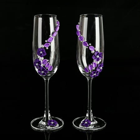 Purple Champagne Wedding Toast Glasses Handmade Pearl & Flower Bride And Groom Flutes, His And Hers Flute - Wedding Gift