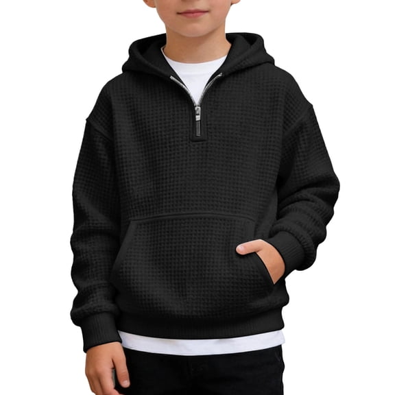 YOUYEDIAN Boys Quarter Zip Hoodies Kids Hooded Sweatshirts Waffle Knit Pullover Tops Casual Lightweight Fall Winter Outerwear (Black, 15-16 Years)
