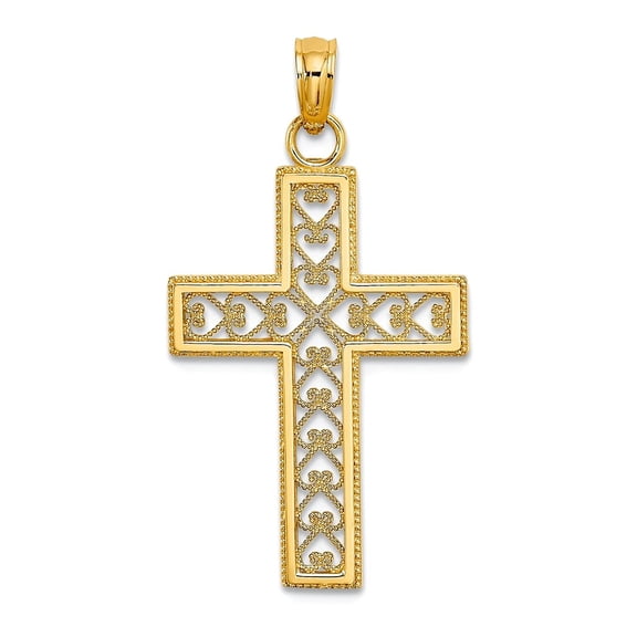 16mm 14k Gold Beaded Outline Filigree Center Religious Faith Cross Pendant Necklace for Women