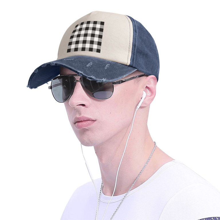 Black White Plaid Baseball Cap Distressed Adjustable Vintage 