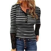 Long Sleeve Tunic Tops for Women Sexy Lace Hollow Out V Neck Blouse Casual Color Block Button Down Henley Shirts Tops