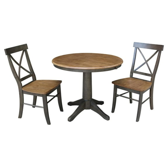 36" Round Wood Extension Dining Table with 2 Chairs in Hickory/Washed Coal