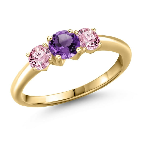 Gem Stone King 10K Yellow Gold Purple Amethyst and Pink Lab Grown Diamond Engagement Ring for Women | 0.98 Cttw | Round 5MM | Gemstone February Birthstone | Size 7