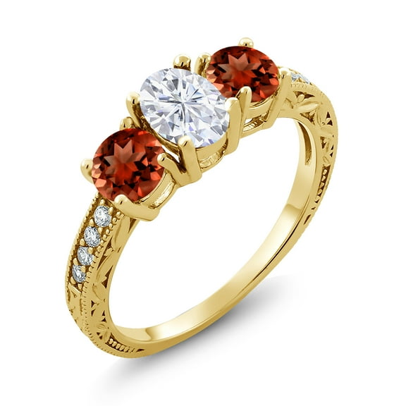 Gem Stone King 18K Yellow Gold Plated Silver Red Garnet Ring Set with Moissanite (3.02 Cttw) (Size 5)
