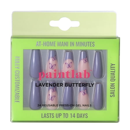 PaintLab Long Coffin Press On Nails 3D, Purple Lavender Butterfly, 30 Count