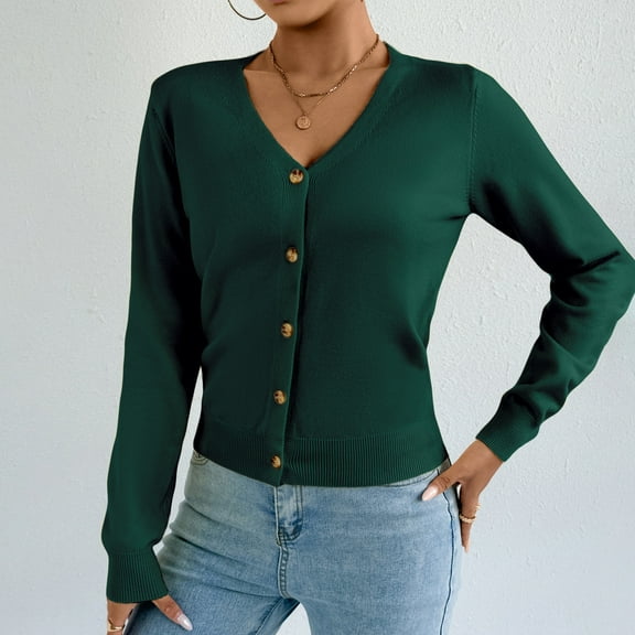 Itsame Women Cardigan Sweater V-Neck Knitted Sweaters Long Sleeves New Solid Color Button Sweatshirts Green Size L