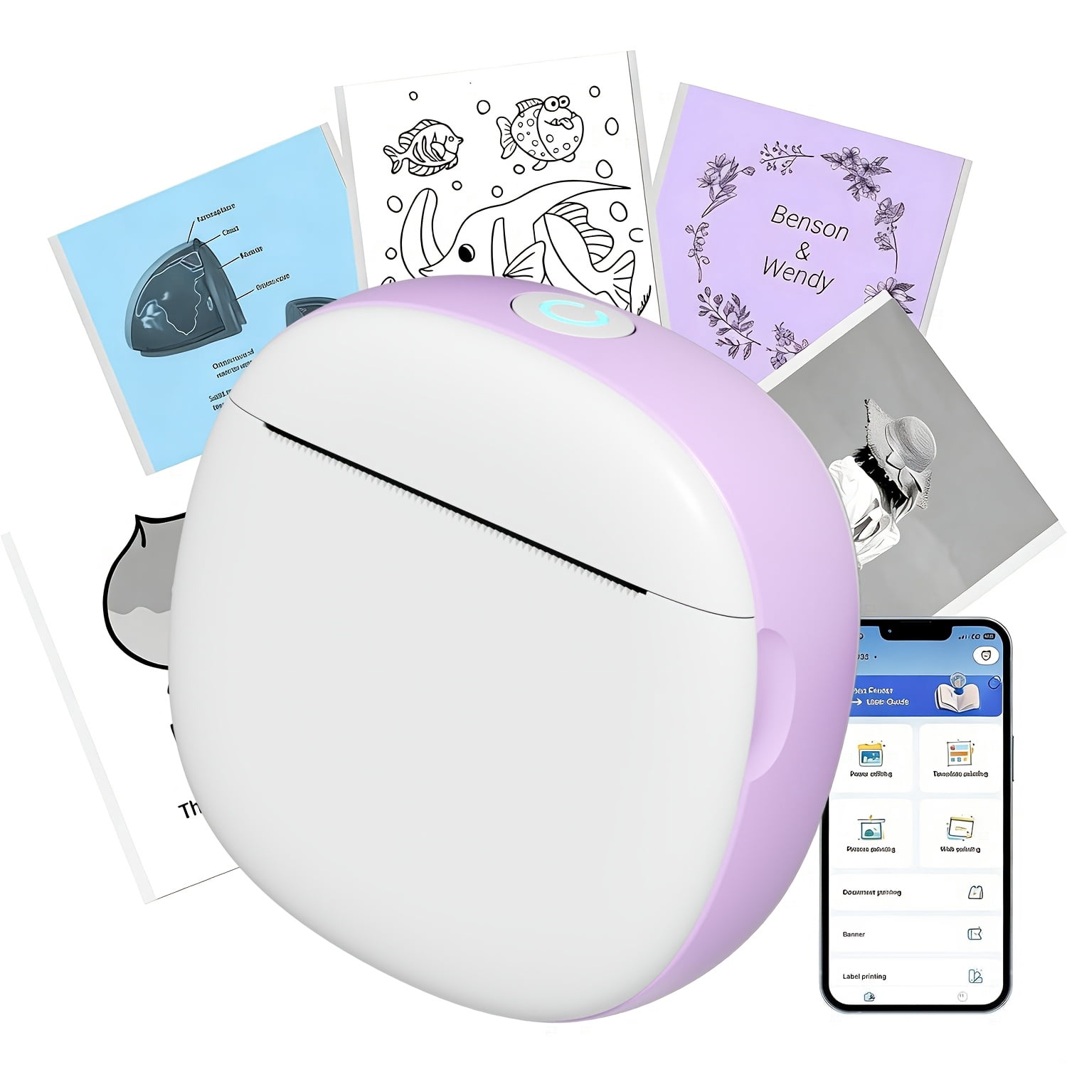 Pocket Sticker Printer, Portable Mini Printer, Ink Free Wireless Sticker Maker, with 3 Rolls of Paper, Portable Label Printer, Suitable for Photos, Diaries, Notes, Memos, Diaries, Gifts, Suitable for