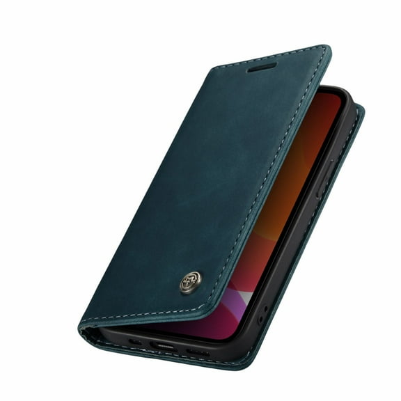For iPhone 13 Pro Wallet Case in Teal Handmade Leather Magnetic Folio Flip