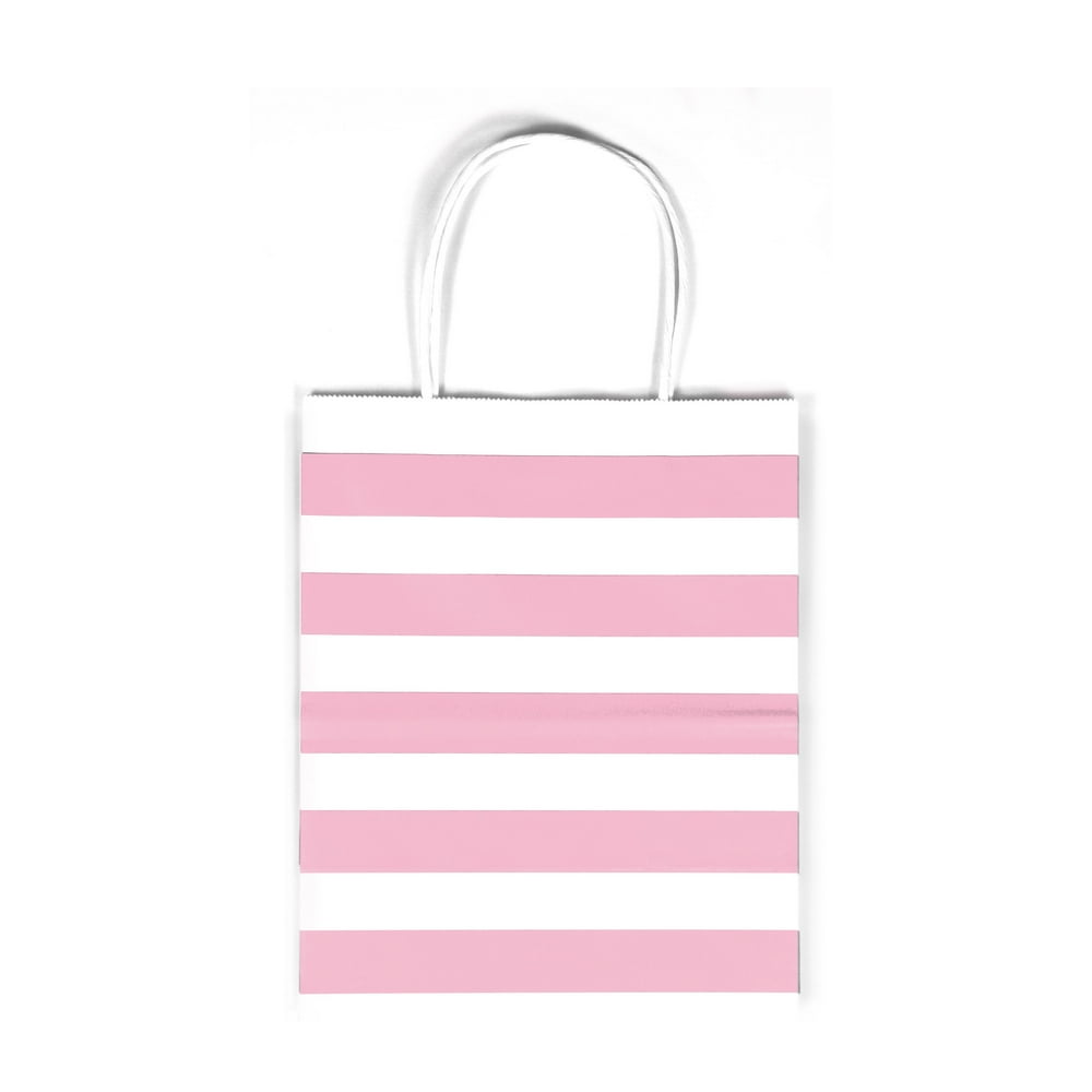 12Count Light Pink Stripes Kraft Bags Gift Paper Bags with Handles