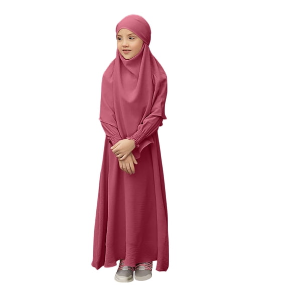 Girls Muslim Long Sleeve Dress Ramadan Abaya with Hijab Prayer Clothes Kaftan Dress Robe Size 3-12 Years
