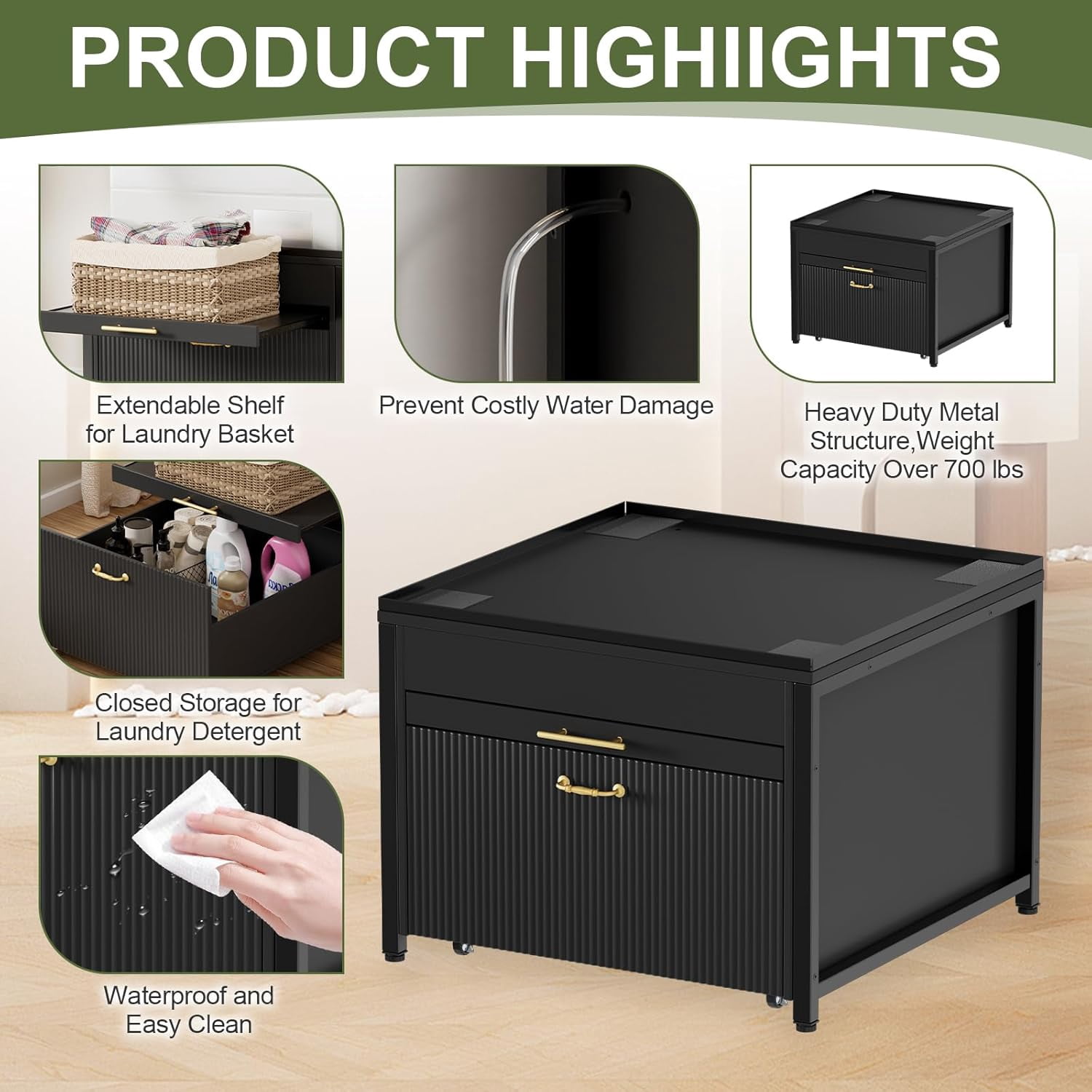 PAKASEPT Washer and Dryer Pedestals, 29" Laundry Pedestal  for Washer and Dryer Stand, Heavy Duty Shock-Proof Washer Stand, Laundry Dryer Stand with Pull-Out Shelf Storage Drainage,Black