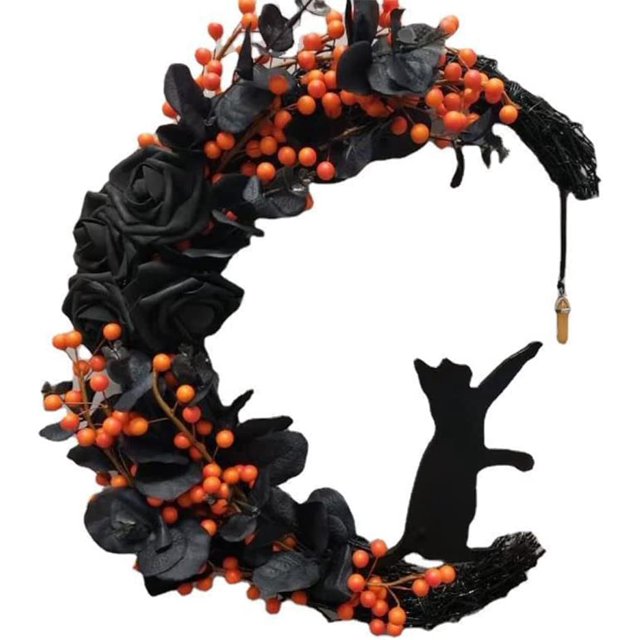 Guirnalda de gato de luna de Halloween con rosa, corona de Halloween para puerta de entrada, decoraciones de puerta de Halloween, luna de gato negro