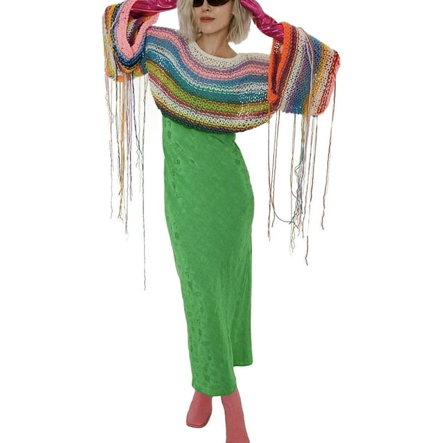 xiaxaixu Chandails Courts en Tricot pour Femmes d'Automne à Rayures, Col Rond, Manches Longues, Coupe Ample, Chandails en Maille