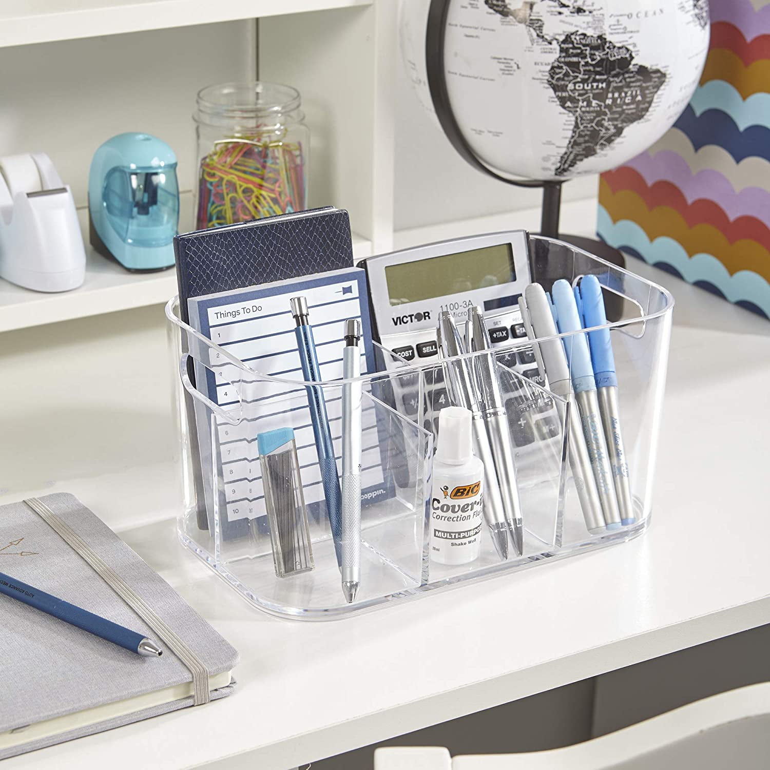 STORi Bliss 5-Compartment Plastic Cosmetics Storage Organizer | Clear |  Rectangular Divided Makeup Bin & Vanity Caddy with Pass-Through Handles 